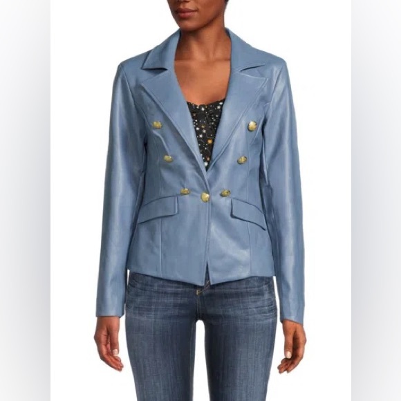 Central Park West Devon Faux Leather Double Breasted Blazer in Lake